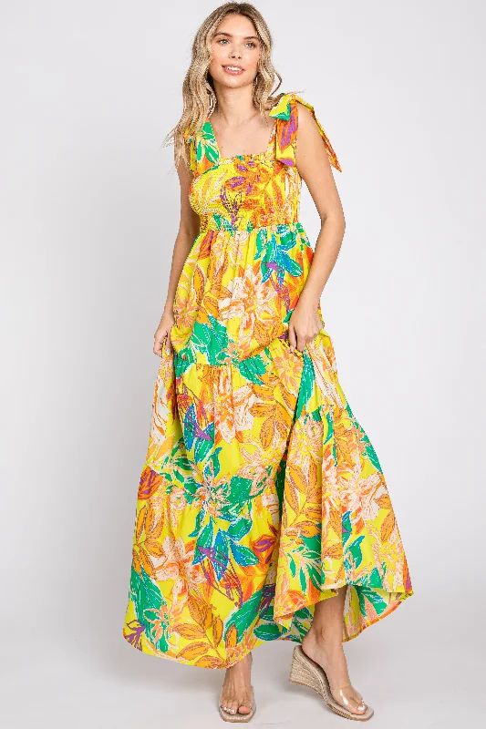 Women's floral dress snow pop -Yellow Tropical Print Smocked Tie Sleeve Maxi Dress