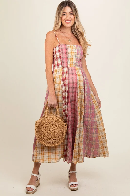 Women's floral dress clean flair -Pink Mixed Plaid Maternity Maxi Dress