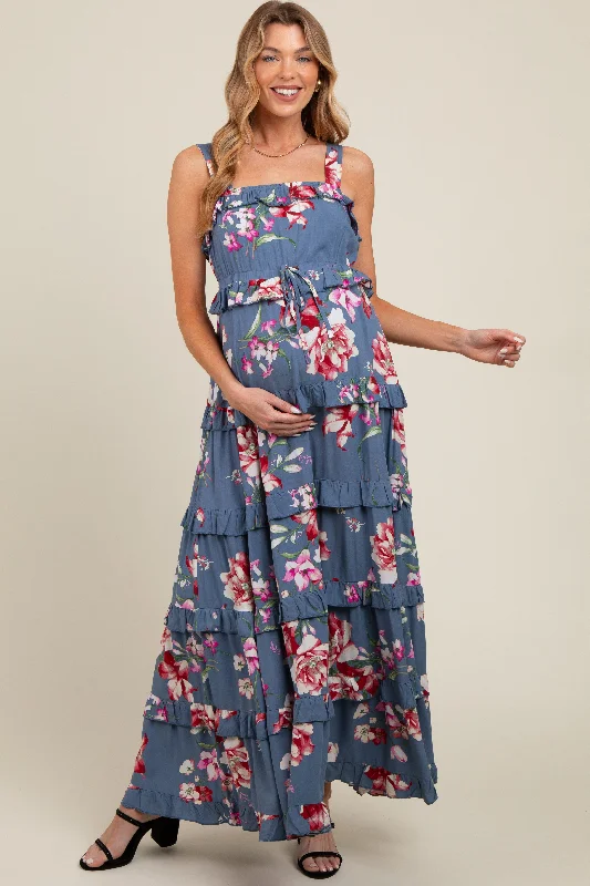 Women's floral dress peak bloom -Blue Floral Sleeveless Tiered Maternity Maxi Dress