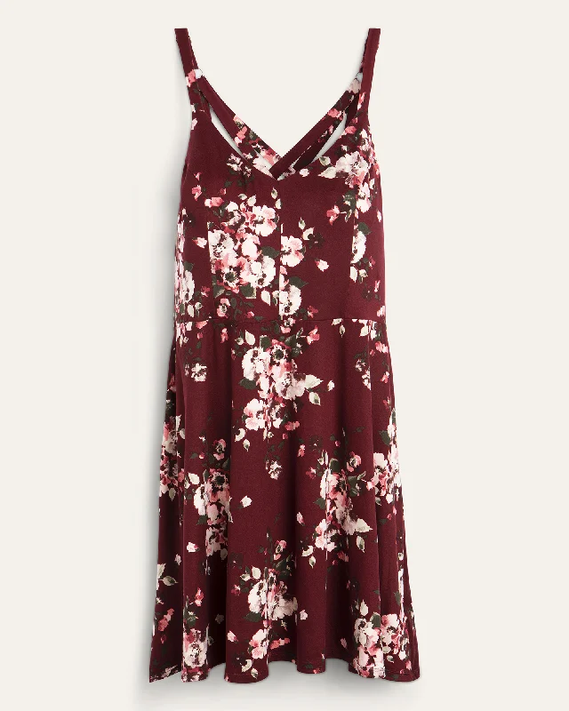 ladies-floral-dress-glam-glow-Evelyn Floral-Print Racerback A-Line Dress | Burgundy / Ivory