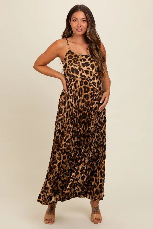 Women's floral dress year chic -Brown Leopard Print Pleated Maternity Maxi Dress