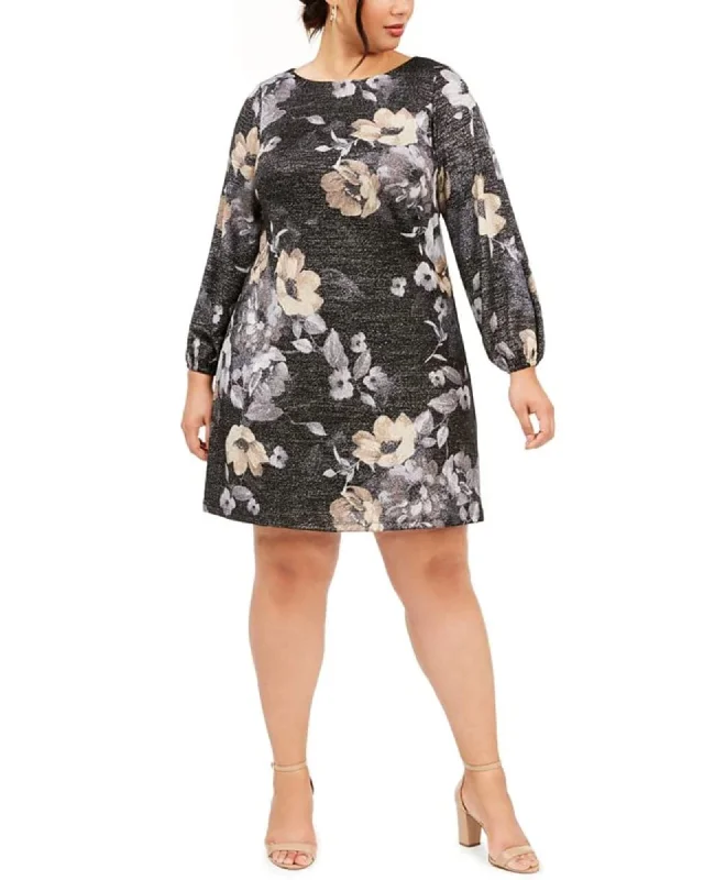 ladies-floral-dress-gala-glow-Jessica Howard Women's Plus Metallic Floral Print a Line Dress Silver Size 14W | Gray