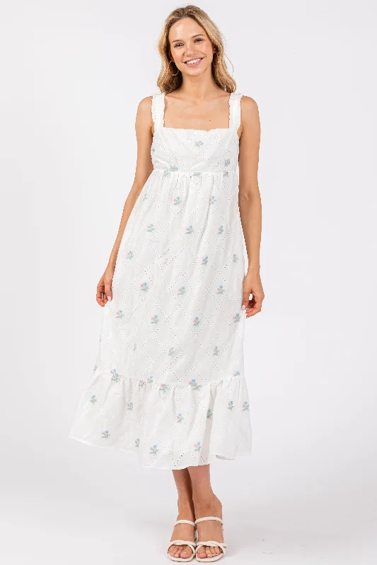 Women's midi dress vine flair -White Eyelet Floral Embroidered Back Tie Cutout Midi Dress