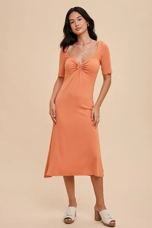 Women's midi dress tie glow -Peach U Notched Midi Dress