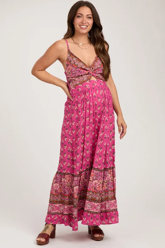 Women's floral dress rare flair -Fuchsia Floral Cutout Maternity Maxi Dress