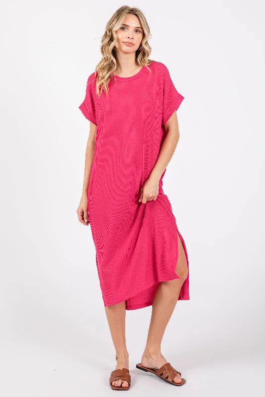 Women's midi dress airy vibe -Fuchsia Ribbed Short Sleeve Midi Dress