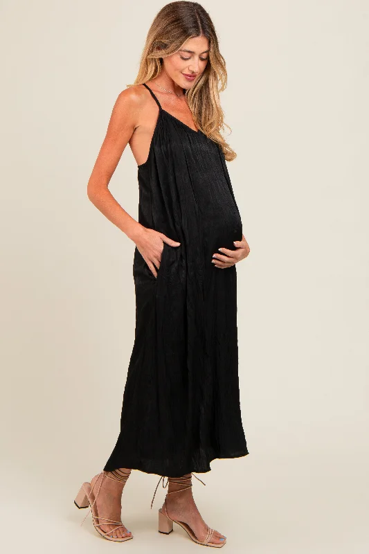 Women's midi dress bead chic -Black Crinkle V-Neck Cross Back Maternity Midi Dress