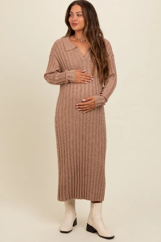 Women's midi dress ice chic -Mocha Ribbed Collared Maternity Midi Sweater Dress