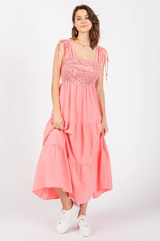 Women's midi dress tropic glow -Coral Smocked Sleeveless Drawstring Shoulder Tiered Midi Dress