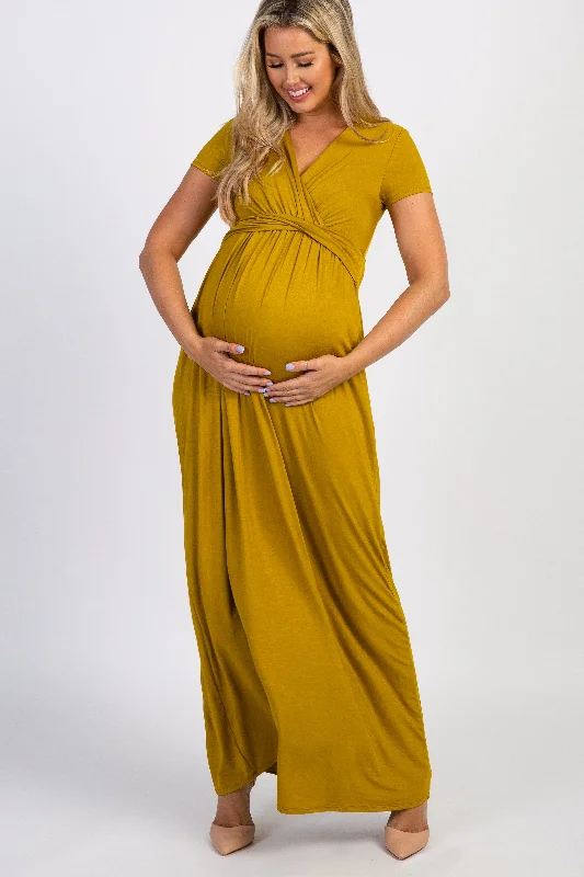 Women's floral dress bloom chic -Mustard Draped Maternity/Nursing Maxi Dress