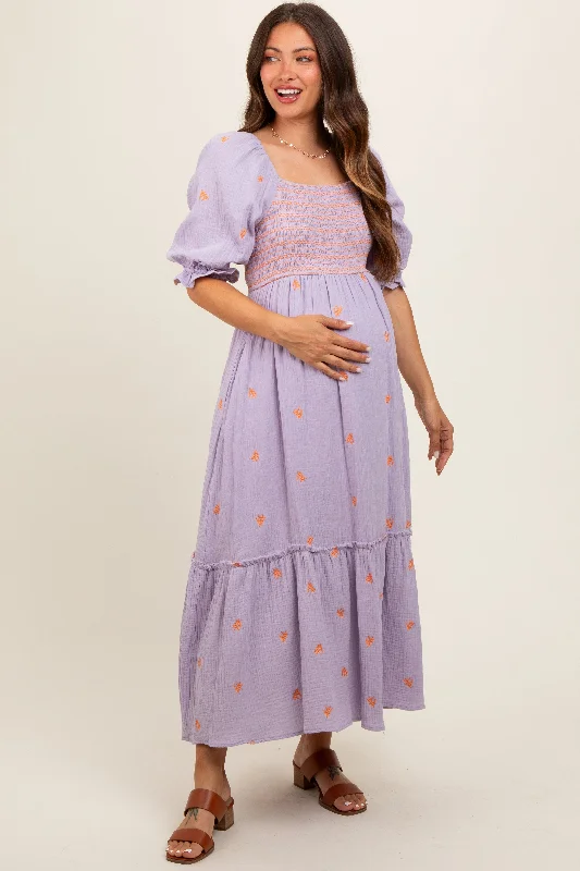 Women's midi dress ochre pop -Lavender Gauze Smocked Embroidered Square Neck Maternity Midi Dress