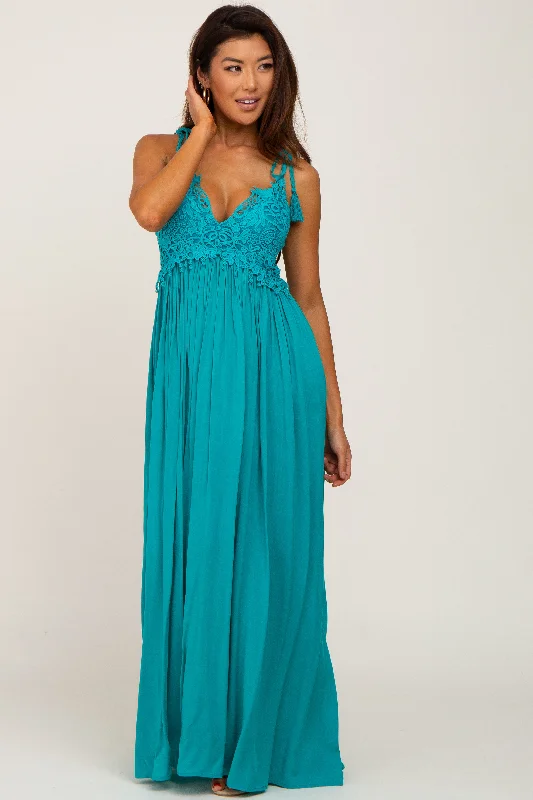 Women's floral dress vast pop -Turquoise Crochet Lace Maxi Dress