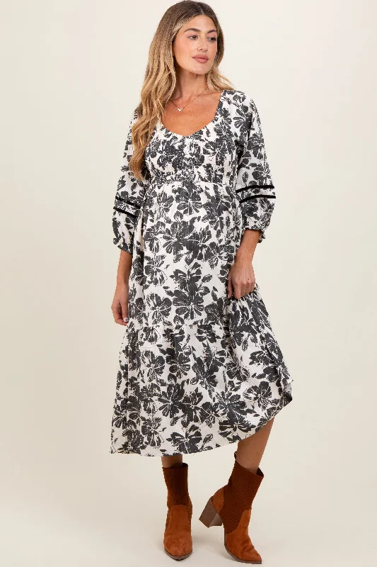 Women's midi dress snug flair -Cream Floral Smocked 3/4 Sleeve Tiered Maternity Midi Dress