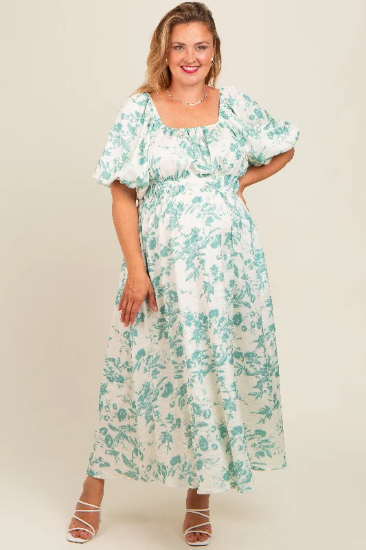 Women's midi dress weave chic -Teal Floral Puff Sleeve Maternity Plus Midi Dress