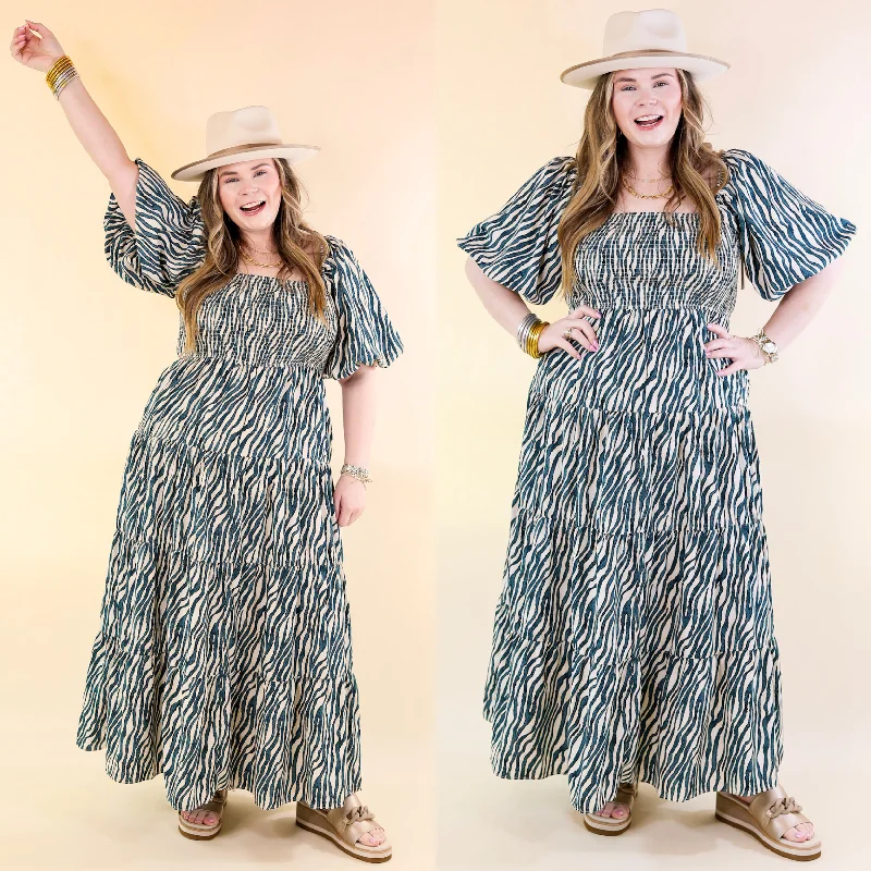 Women's floral dress mauve bloom -Santorini Sunshine Short Balloon Sleeve Zebra Print Maxi Dress in Teal Blue