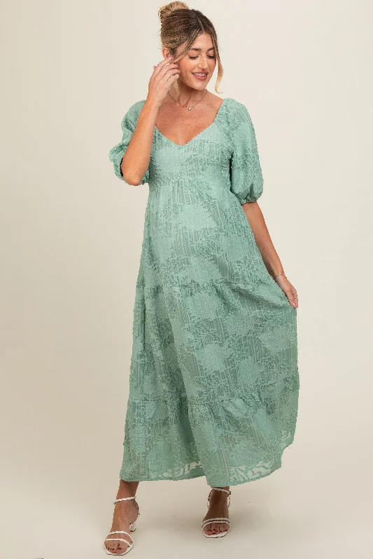 Women's floral dress net chic -Light Olive Embroidered Leaf Print Striped Maternity Maxi Dress