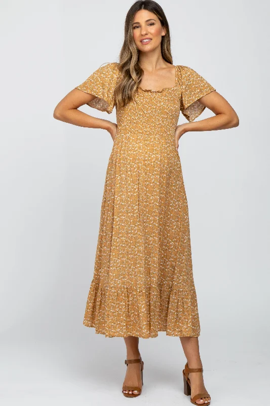 Women's floral dress lush flair -Mustard Floral Smocked Maternity Maxi Dress