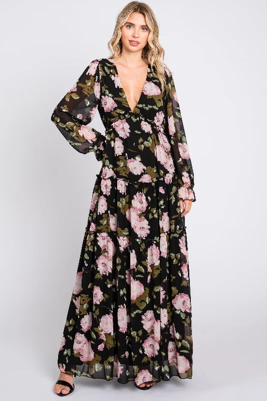 Women's floral dress pro bloom -Black Floral Chiffon V-Neck Lettuce Edge Tiered Maxi Dress