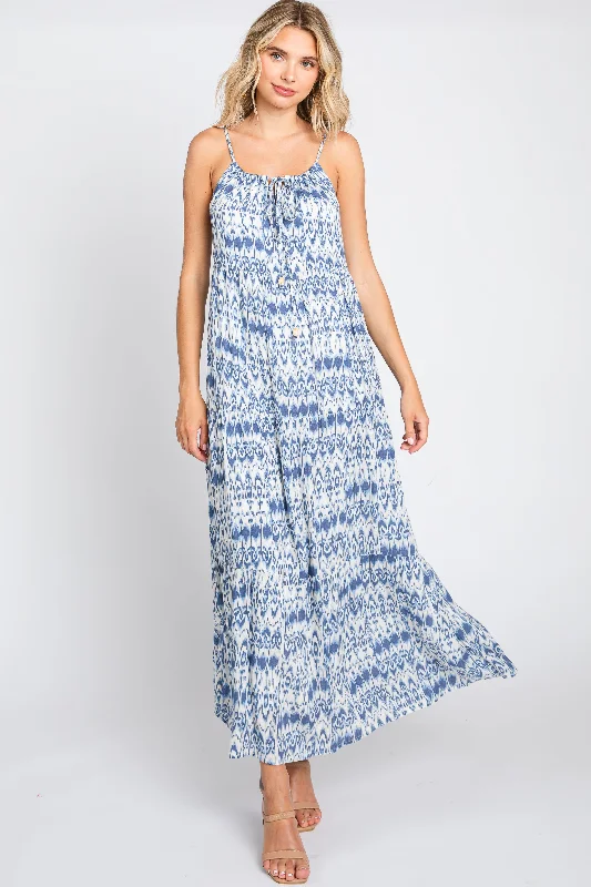 Women's floral dress bell bloom -Blue Printed Tiered Maxi Dress