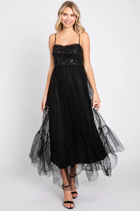 Women's midi dress rich pop -Black Sequin Top Tulle Midi Dress