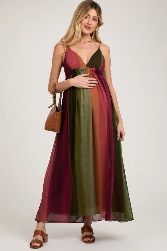 Women's floral dress fold glow -Multi-Color Ombre Chiffon V-Neck Maternity Maxi Dress