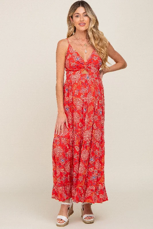 Women's floral dress sprout pop -Red Floral Front Twist Maternity Maxi Dress