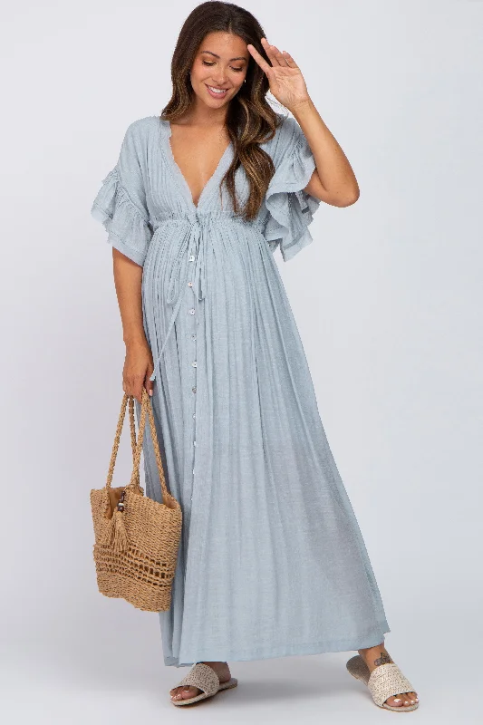 Women's floral dress break glow -Light Blue Deep V-Neck Button Down Maternity Maxi Dress