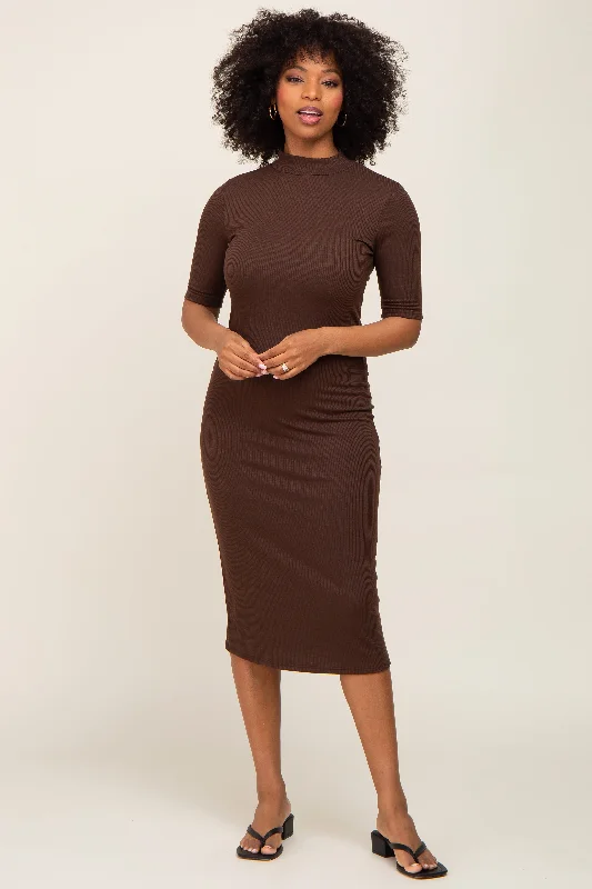 Women's midi dress calm pop -Brown Ribbed Mock Neck Midi Dress