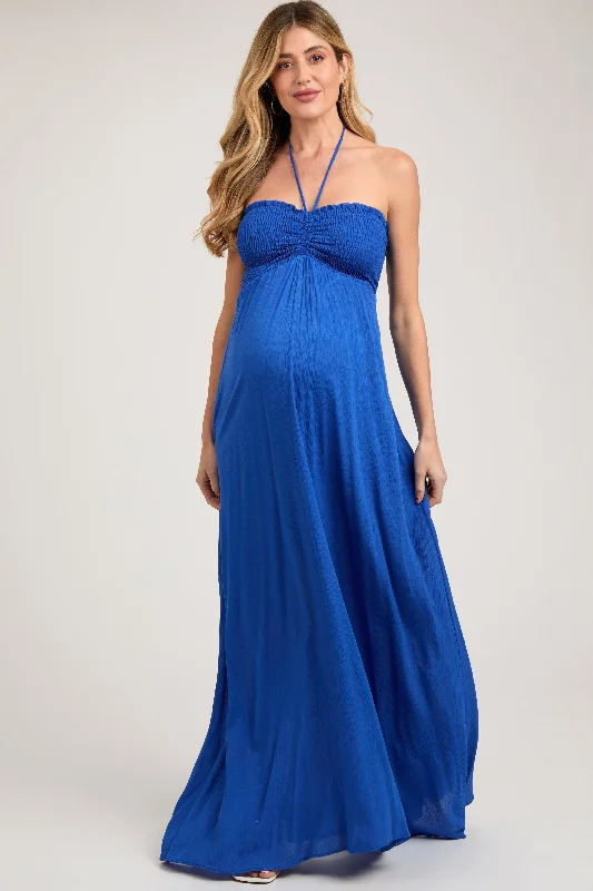 Women's floral dress dip chic -Royal Blue Smocked Halter Maternity Maxi Dress