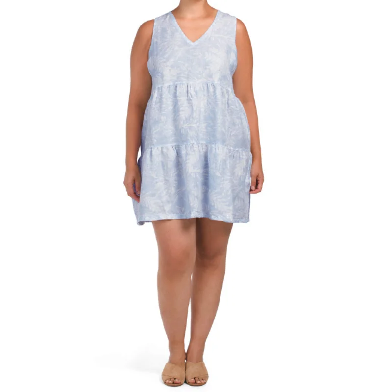 ladies-mini-dress-low-cut-lure-Tahari Women's Plus Linen Floral Print Sleeveless Tiered Mini Dress