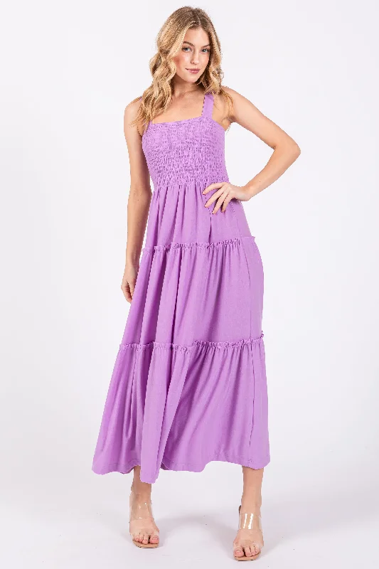 Women's floral dress lone flair -Lavender Sleeveless Tiered Maxi Dress