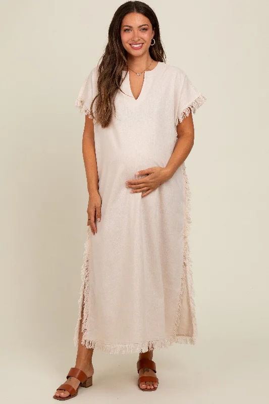 Women's midi dress rest pop -Cream Linen Fringe Accent Side Slit Maternity Midi Dress