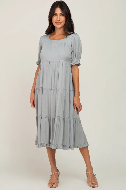 Women's midi dress peek chic -Sage Tiered Ruffle Hem Midi Dress