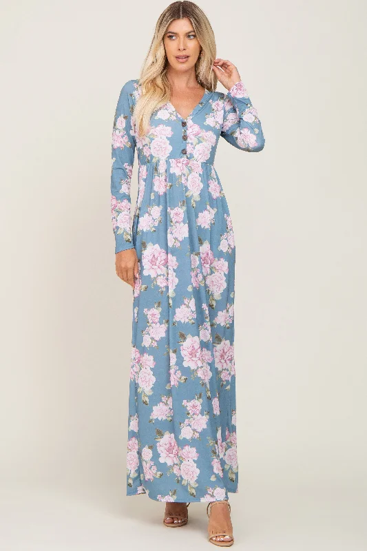 Women's floral dress dirt chic -Blue Floral Button Front Maxi Dress