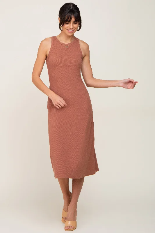 Women's midi dress sip pop -Rust Ribbed Sleeveless A-Line Midi Dress