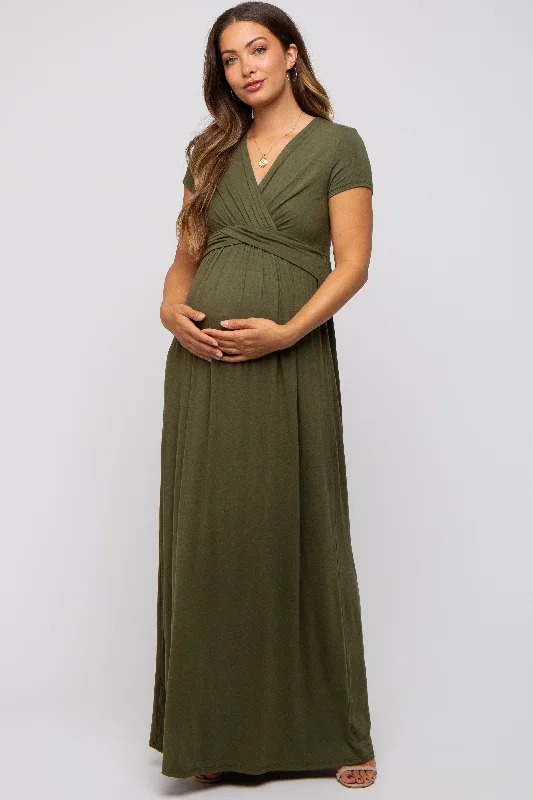 Women's floral dress wing pop -PinkBlush Olive Draped Maternity/Nursing Maxi Dress