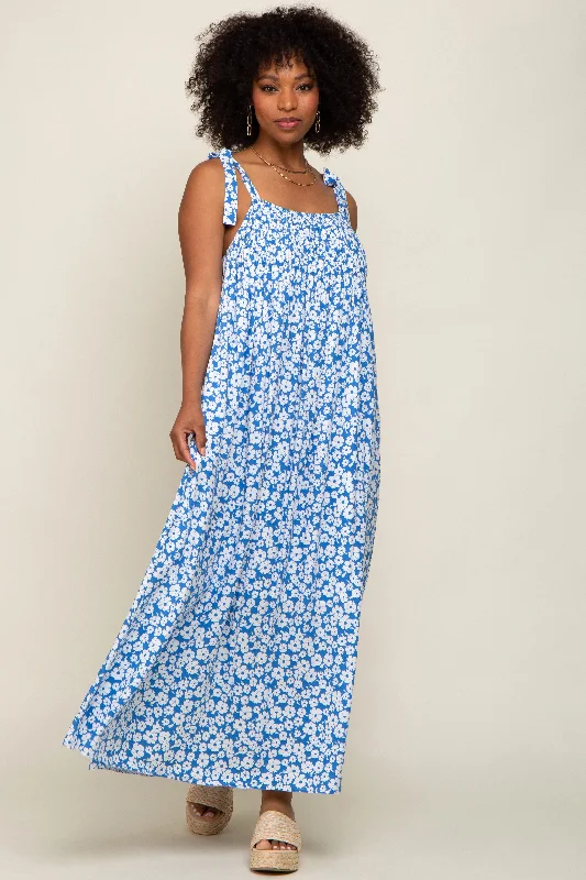 Women's floral dress muse glow -Light Blue Floral Smocked Shoulder Tie Maxi Dress