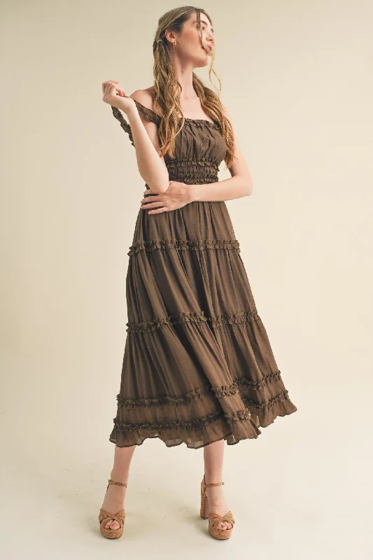 Women's midi dress mid chic -Brown Ruffled Midi Dress