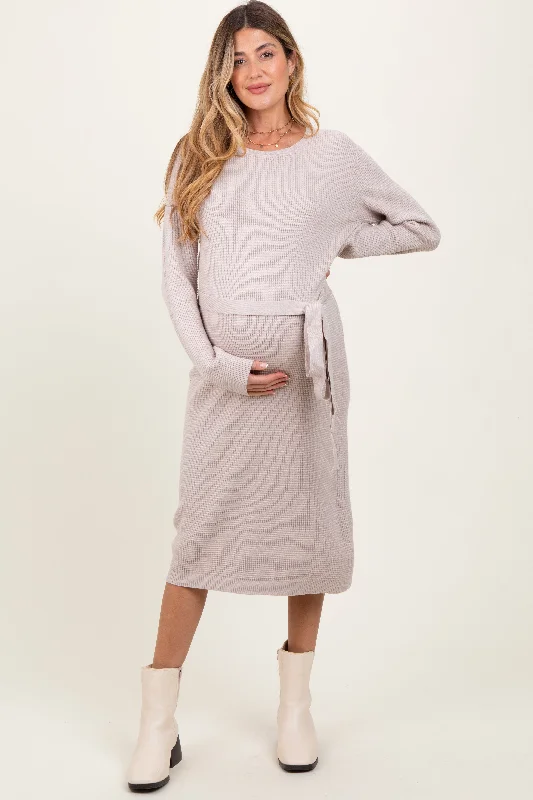 Women's midi dress pure pop -Taupe Waffle Knit Sash Tie Maternity Midi Sweater Dress