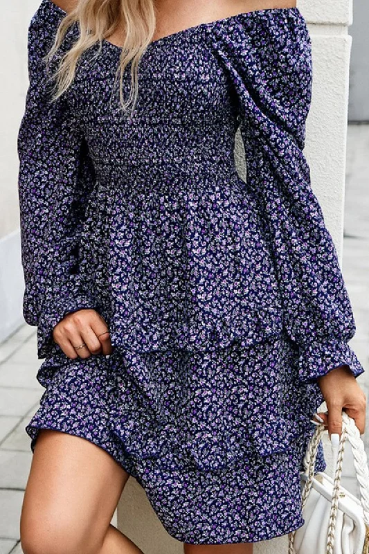 ladies-floral-dress-blue-bloom-WOMEN LONG SLEEVE RUFFLE TIRED FLORAL FLOWY DRESS