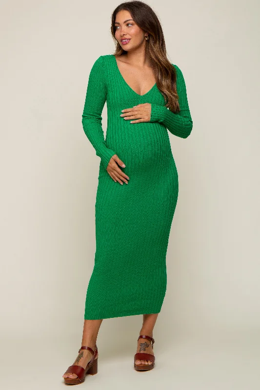 Women's floral dress twist bloom -Green V-Neck Long Sleeve Fitted Maternity Maxi Dress