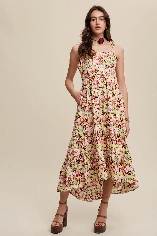 Women's midi dress break pop -Yellow Floral Tiered Hi-Low Midi Dress