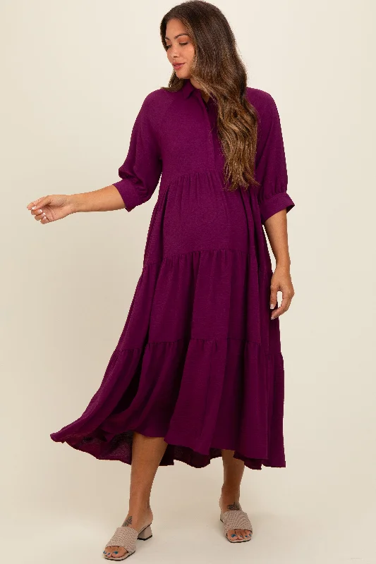 Women's midi dress old flair -Magenta Collared Button Up Tiered Maternity Midi Dress