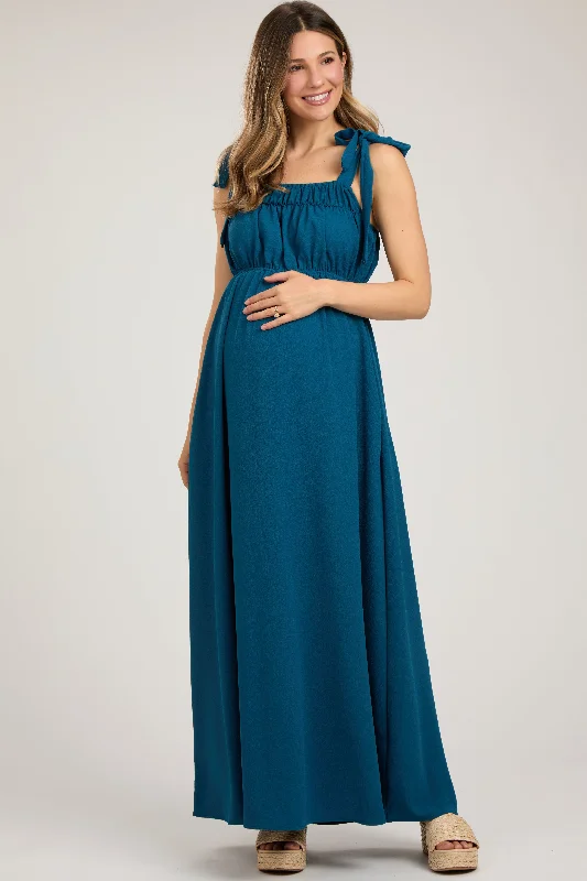 Women's floral dress luxe pop -Teal Square Neck Shoulder Tie Maternity Maxi Dress