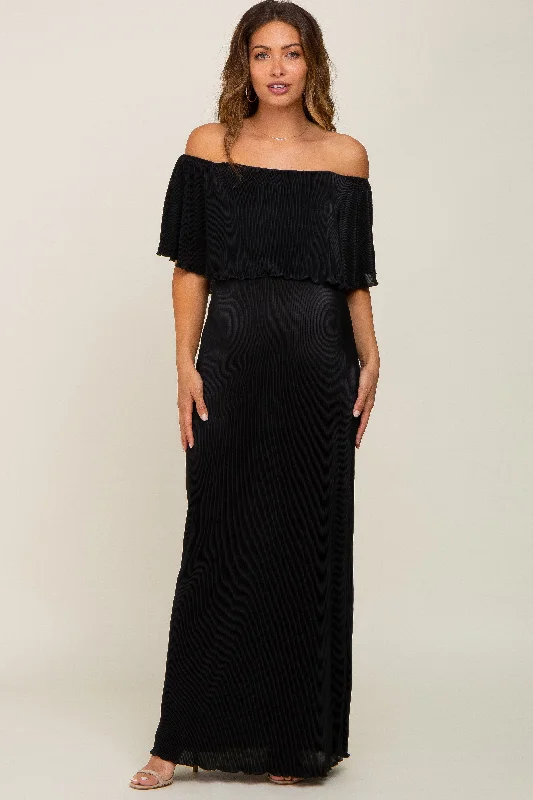 Women's floral dress mist pop -Black Pleated Ruffle Off Shoulder Maternity Maxi Dress