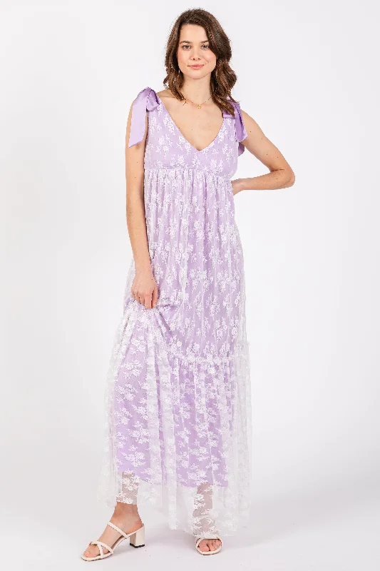 Women's floral dress eve chic -Lavender V-Neck Satin Tie Lace Overlay Maxi Dress