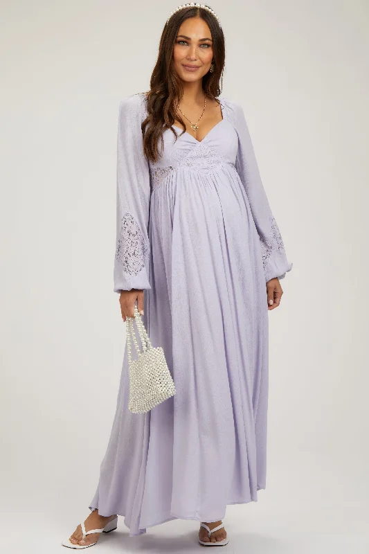 Women's floral dress part glow -Lavender Lace Accent Long Sleeve Maternity Maxi Dress