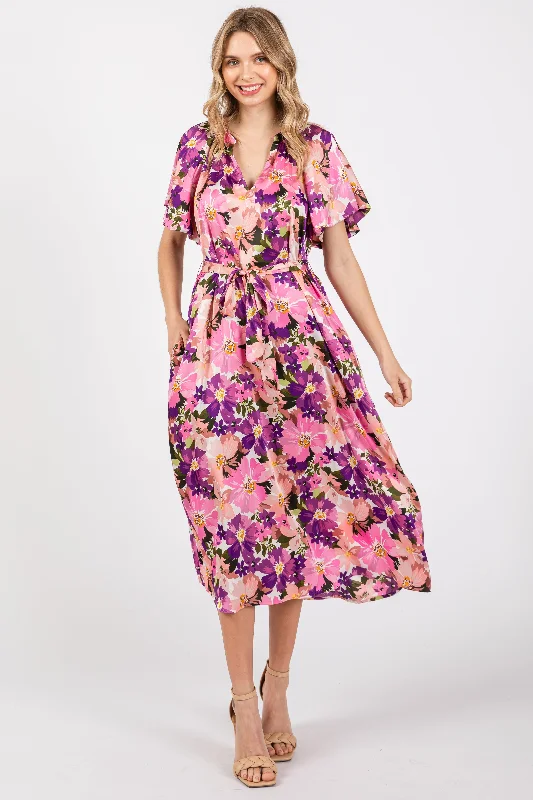 Women's midi dress stripe flair -Violet Floral V-Neck Short Puff Sleeve Tie Waist Satin Midi Dress