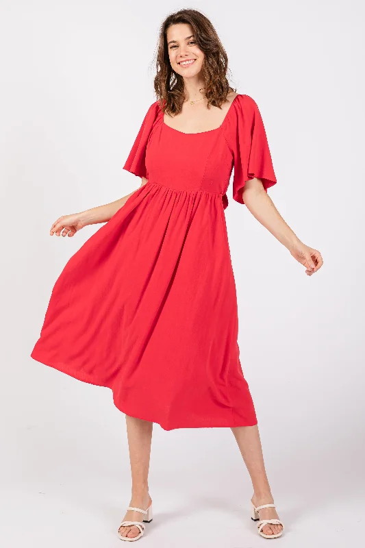 Women's midi dress navy chic -Red Flutter Short Sleeve Back Tie Cutout Midi Dress