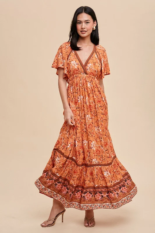 Women's floral dress last glow -Orange Floral Flounce Sleeve Maxi Dress